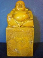 SOAPSTONE BUDDHA STAMP: APPROX. 5" TALL: LETTER SEAL STAMP INTRICATELY CARVED.