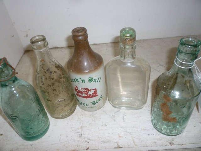 ANTIQUE BOTTLES: SAMUEL SODA SPRINGS NATURAL MINERAL: MINERAL WATER, JACKSON'S NAPA SODA NATURAL MINERAL WATER, COCK 'N BULL GINGER BEER, ELLIMAN'S FOR HORSES, AND ONE OTHER