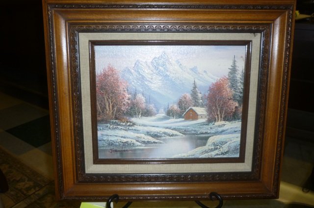 FRAMED PAINTING: ORIGINAL WORK OF SNOWY CABIN. SIGNED: SNOWY CABIN. SIGNED JAMISON. PICTURE ONLY, DISPLAY STAND NOT INCLUDED