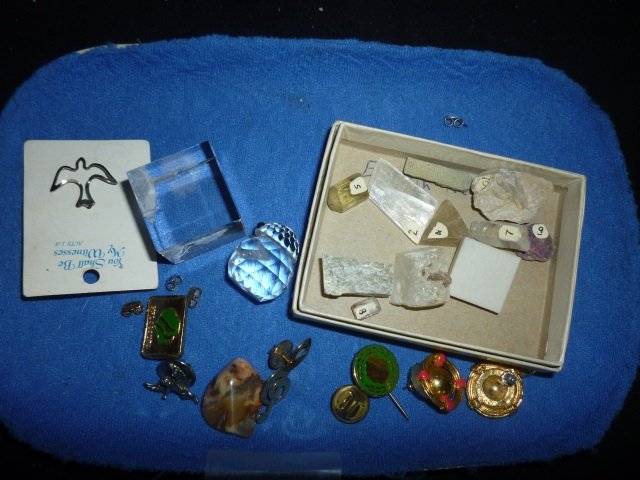 VINTAGE PINS, ROCK SAMPLES, CRYSTAL BIRD, AND MORE: AND MORE