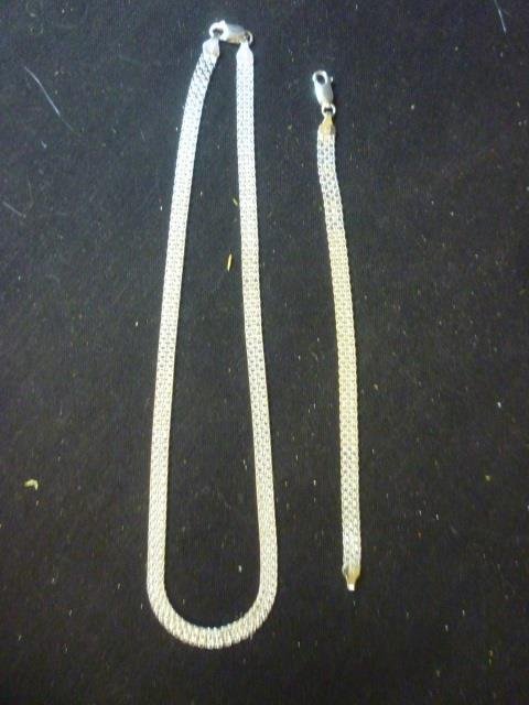 STERLING SILVER NECKLACE AND BRACELET: 1/4" MESH, 16.5": 1/4" MESH, 16.5" NECKLACE AND 7" BRACELET. MARKED "925 ITALY" AND "OTC"