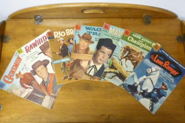 DELL COMIC BOOKS (7) GENE AUTRY & CHAMPION - JAN-MARCH : GENE AUTRY & CHAMPION - JAN-MARCH SILVER STALLION ISSUE, THE LONE RANGER - SEPT GUNSMOKE - FEB-MARCH MAVERICK - NO.962 WAGON TRAIN(STARRING WARD BOND & ROBERT HORTON) - NO.971 RIO BRAVO(JOHN WAYNE,DEA
