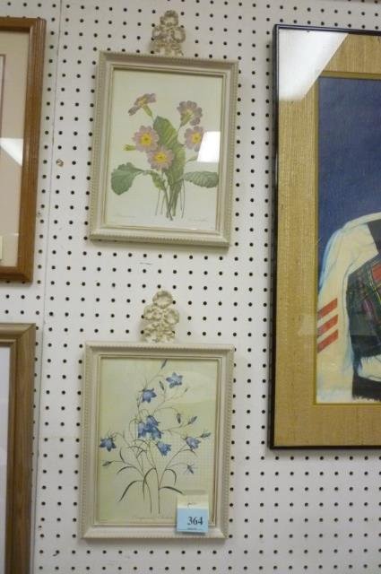 VINTAGE FRAMED FLOWER PRINTS TWO FLOWER PRINTS OF PAINT: TWO FLOWER PRINTS OF PAINTINGS DONE BY R.J. REDOUTE, BOTH 1' BY 9.5" FRAMED IN OFF WHITE ANTIQUED FRAMES WITH ABSTRACT DETAIL ON TOP OF FRAMES