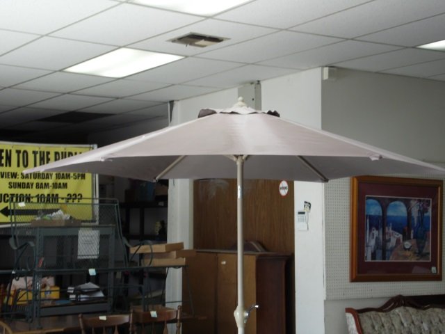LARGE OUTDOOR UMBRELLA TAN BASE WITH TAUPE UMBRELLA, AP: TAN BASE WITH TAUPE UMBRELLA, APPROX 7' 8" TALL & WHEN OPEN ALSO HAS A 7' 8" COVER DIAMETER