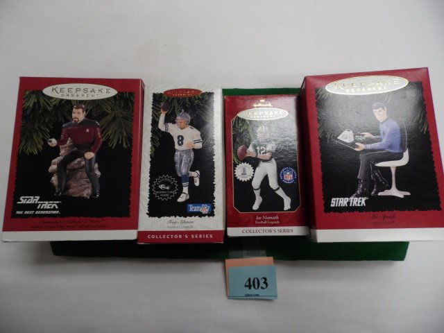 HALLMARK ORNAMENTS FOUR ORNAMENTS: STAR TREK NEXT GEN W: FOUR ORNAMENTS: STAR TREK NEXT GEN WILLIAM RIKER, STAR TREK MR. SPOCK, NFL TROY AIKMAN & NFL JOE NAMATH.
