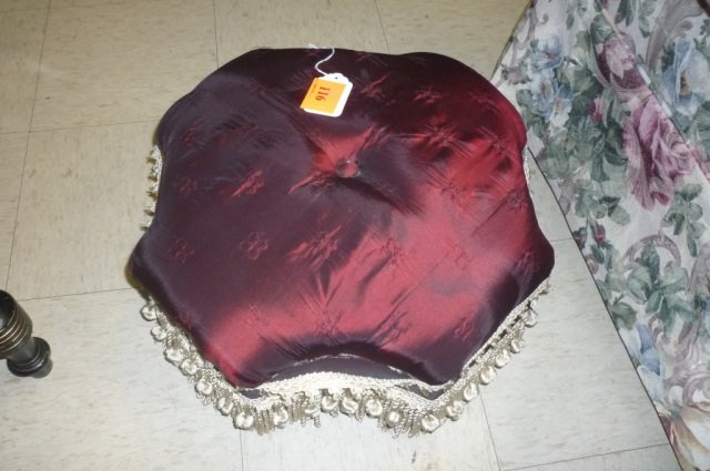 VICTORIAN FOOT STOOL BURGUNDY SATIN COVERED WITH CREAM: BURGUNDY SATIN COVERED WITH CREAM FRINGE 20" ACROSS AND 10" TALL