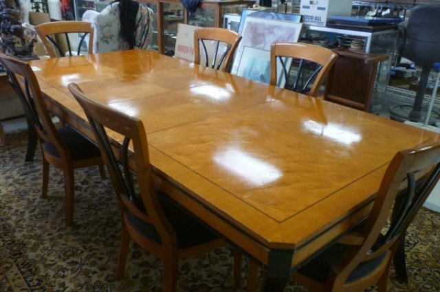BIEDEMEIER DINING TABLE WITH 6 CHAIRS 4 SIDE CHAIRS AND: 4 SIDE CHAIRS AND 2 ARM CHAIRS, NEEDS SOME TLC