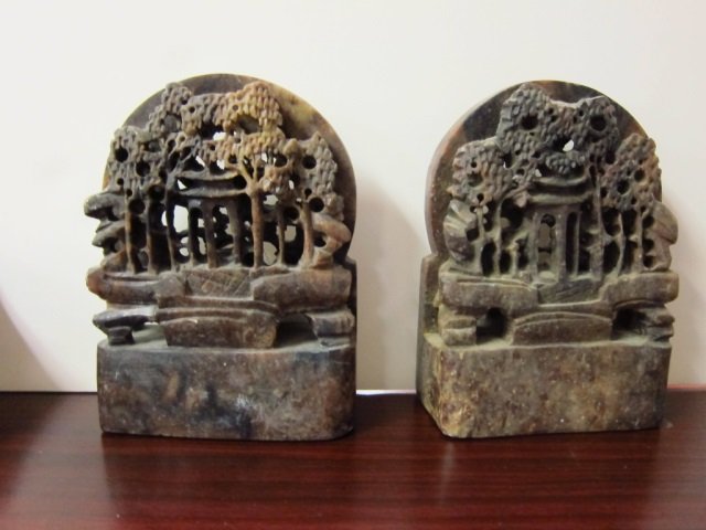 CARVED SOAPSTONE BOOKCASES Pair ORIENTAL MOTIF CARVING: ORIENTAL MOTIF CARVING MOTIF 5" TALL AND 4" WIDE