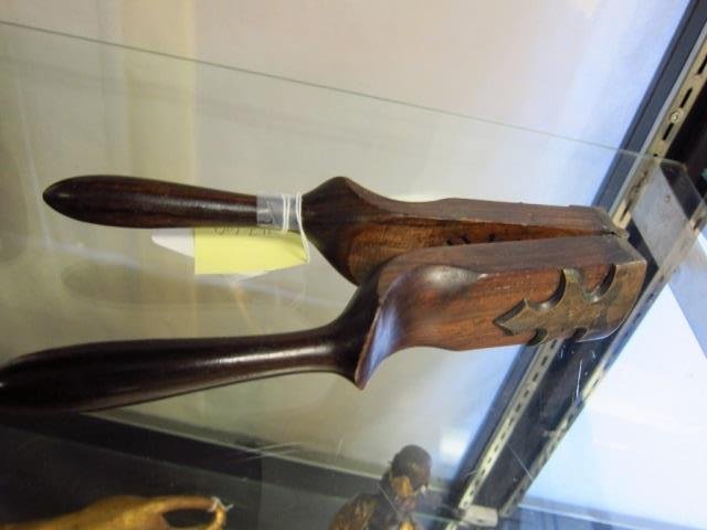 VINTAGE WOOD AND METAL NUT CRACKER GREAT SHAPE WITH: GREAT SHAPE WITH METAL HINGE AND BRACKETS SET ON THE WOOD, 10" LONG MARKED J.H. SCHINTZ SAN FRANCISCO