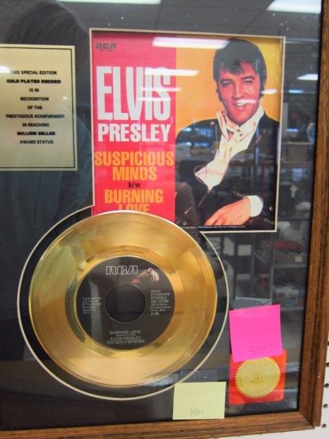 ELVIS PRESLEY FRAMED GOLD RECORD SPECIAL EDITION FRAMED: FRAMED RECORD COVER WITH GOLD RECORD 24k PLATED SUSPICIOUS MINDS AND BURNING LOVE 15" X 20"
