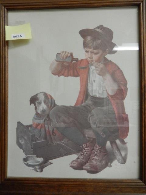 NORMAN ROCKWELL ON FABRIC NORMAN ROCKWELL ON FABRIC.: NORMAN ROCKWELL ON FABRIC. SIGNED. IMAGE OF BOY AND HIS DOG. APPROX 10.5' X 14'. APPROX 15.5' X 19.5' IN FRAME.