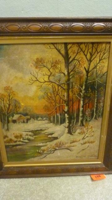OIL ON CANVAS SNOW IN TREES WITH HOUSES SIGNED ELLEN A.: SIGNED ELLEN A. JOHNSON, 19" X 22", 15" X 17", CANVAS HAS BEEN REPAIRED