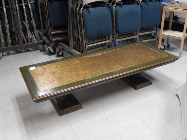RETRO COFFEE TABLE & END TABLES LOT INCLUDES ONE RETRO: LOT INCLUDES ONE RETRO COFFEE TABLE WITH OLIVE GREN TRIM AND TWO MATCHING END TABLES. COFFEE TABLE IS APPROX 66" X 15" X 26." EACH END TABLE IS IS APPROX 15" TALL X 17.5" X 22"