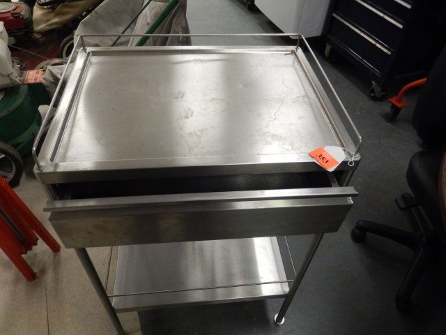 METAL CART WITH ONE WHEEL, ONE SHELF AND ONE DRAWER.: WITH ONE WHEEL, ONE SHELF AND ONE DRAWER. APPROX 24" X 35" X 18"