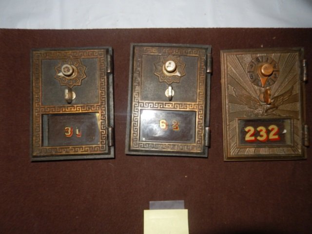 3 ANTIQUE POST OFFICE BOX DOORS LOT INCLUDES 3 ANTIQUE: LOT INCLUDES 3 ANTIQUE COPPER / BRONZE ANTIQUE POST OFFICE BOX DOORS. EACH IS APPROX 3.5" X 5"