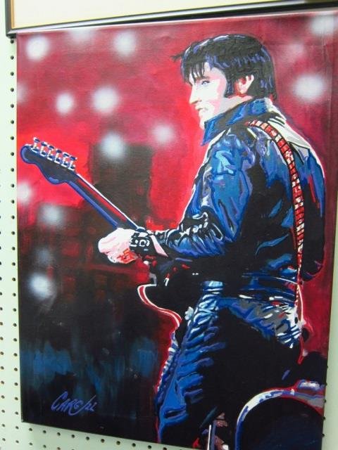 ELVIS PRESLEY OIL PAINTING OIL PAINTING OF ELVIS, BLUE: OIL PAINTING OF ELVIS, BLUE AND RED, SIGNED BY CARGILL. APPROX 17 INCHES ACROSS AND 24 INCHES TALL. NO FRAME