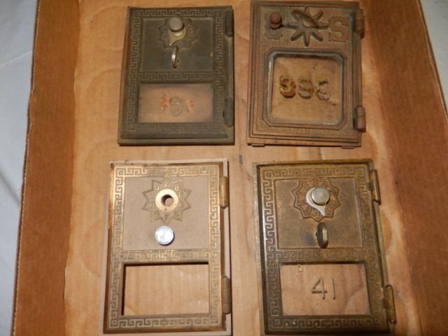 4 ANTIQUE POST OFFICE BOX DOORS EACH DOOR IS APPROX: EACH DOOR IS APPROX 3.5" X 5"