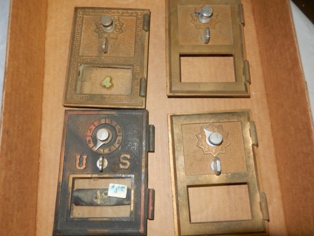 4 ANTIQUE POST OFFICE BOX DOORS EACH DOORS IS APPROX: EACH DOORS IS APPROX 3.5" X 5"