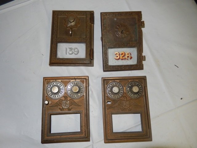 4 ANTIQUE POST OFFICE BOX DOORS EACH DOOR IS APPROX: EACH DOOR IS APPROX 3.5" X 5"