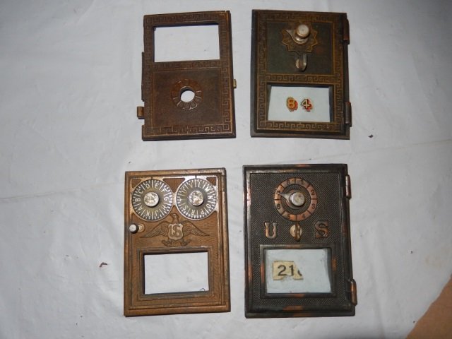 4 ANTIQUE POST OFFICE BOX DOORS EACH IS APPROX 3.5" X: EACH IS APPROX 3.5" X 5"