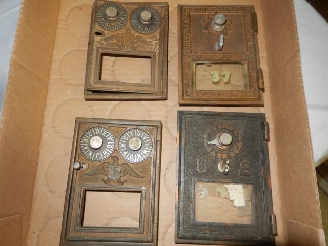 4 ANTIQUE POST OFFICE BOX DOORS EACH DOOR IS APPROX: EACH DOOR IS APPROX 3.5" X 5"