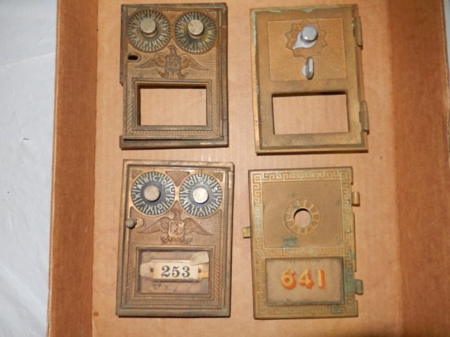 4 ANTIQUE POST OFFICE BOX DOORS EACH DOOR IS APPROX: EACH DOOR IS APPROX 3.5" X 5"