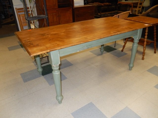 COUNTRY KITCHEN TABLE WITH GREEN LEGS. SUPER CUTE.: WITH GREEN LEGS. SUPER CUTE. APPROX 72" X 32" X 34"
