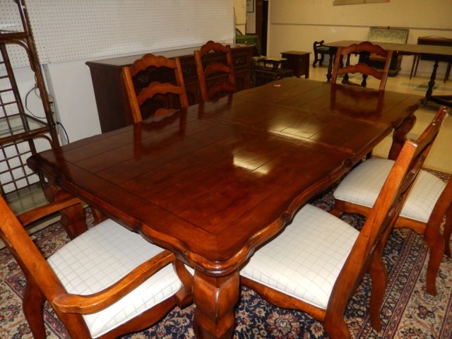 DINING TABLE WITH CHAIRS COMES WITH 6 CHAIRS AND ONE: COMES WITH 6 CHAIRS AND ONE LEAF. TABLE IS APPROX 88" X 31" X 44"