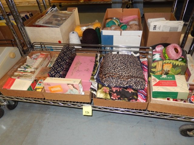 SEWING SUPPLIES SHELF LOT INCLUDES VINTAGE FABRIC,: SHELF LOT INCLUDES VINTAGE FABRIC, THREAD, SCISSORS AND MORE!