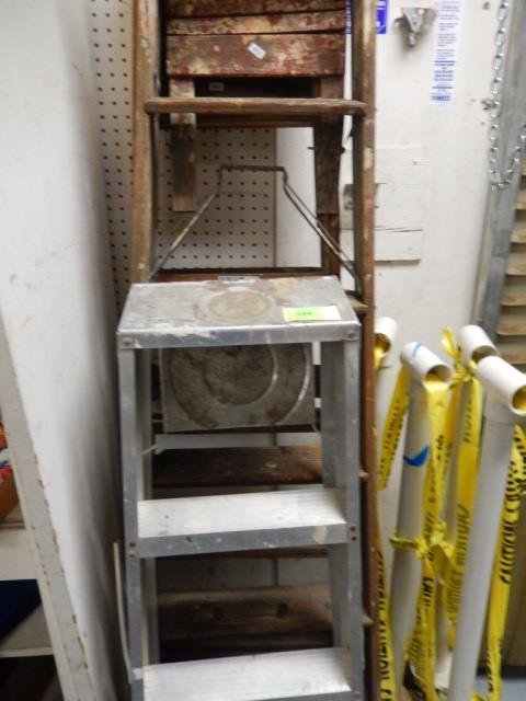3 LADDERS TWO WOODEN 6 FOOT, ONE 3 FOOT ALUMINUM: TWO WOODEN 6 FOOT, ONE 3 FOOT ALUMINUM