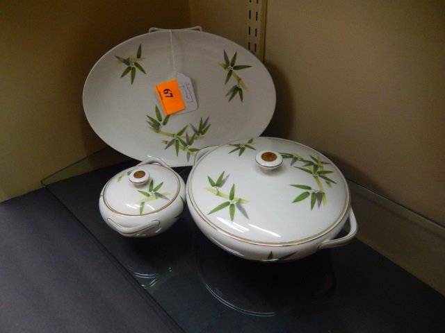 NARUMI CHINA SERVING PIECES: LOT HAS THREE TOTAL PIECES INCLUDING ONE COVERED CASSEROLE, ONE SUGAR AND ONE PLATTER. EACH PIECE IS MARKED "NARUMI CHINA, JAPAN, BAMBOO" ON BACK AND APPEARS TO BE IN GOOD CONDITION.