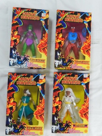 4 MARVEL UNIVERSE FIGURES: MINT IN BOX. LOT INCLUDES "SHE-HULK" (1997), "NINJA ROGUE" (1997), "SCARLET SPIDER" (1997) AND "STORM" (1997). BOXES ARE IN GOOD CONDITION AND HAVE ORIGINAL SEAL.