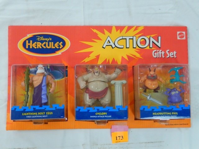 DISNEY'S HERCULES FIGURES: MINT INBOX. ACTION GIFT SET INCLUDES LIGHTNING BOLT ZEUS, CYCLOPS AD HEADBUITTING PHIL. ALL CIRCA 1997.