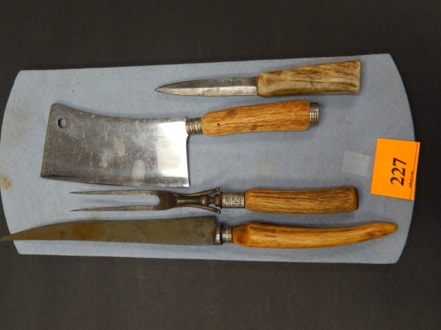 BONE HANDLED SERVING CUTLERY (4): VLEVER MARKED SOLINGEN GERMANY STAINLESS,SMALLER KNIFE MARKED A.W. WADSWORTH AND SON GERMANY, COULD NOT FIND MARKS ON OTHERS