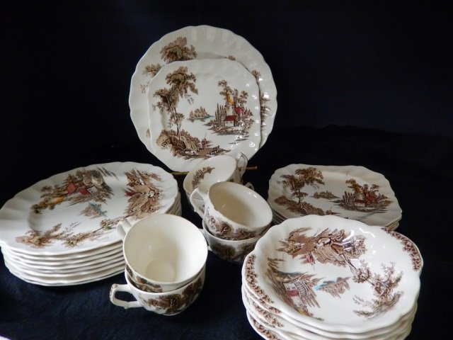 JOHNSON BROS DINNERWARE: LOT INCLUDES 27 PIECES: 9 DINNER PLATES10" ROUND, 6 SALAD PLATES 8", 6 BOWLS 6.5" ROUND, 5 CUPS 3.5" ROUND. STAMPED ON BOTTOM "THE OLD MILL, MADE IN ENGLAND. JOHNSON BROS. SOME PLATES HAVE CHIPS. GENU