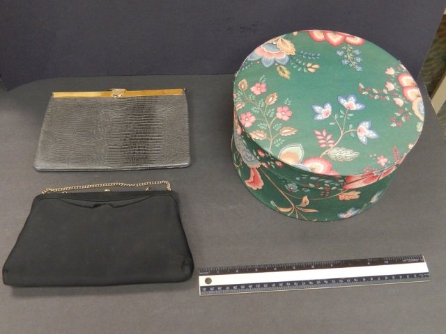 VINTAGE PURSES AND HAT BOX: ETRA TOWN AND COUNTRY EEL STYLE PURSE, BLACK SILK PURSE
