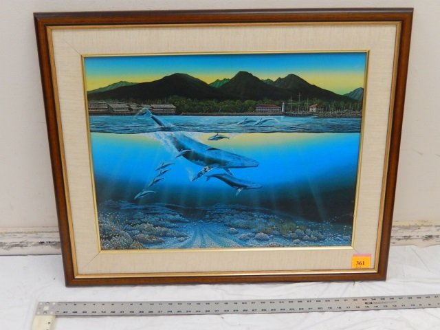 ROBERT L NELSON WHALE PAINTING: 1981 BEAUTIFUL PRINT ON CANVAS OF WHALES PERHAPS IN HAWAII VILLAGE 36" WIDE X 30" HIGH