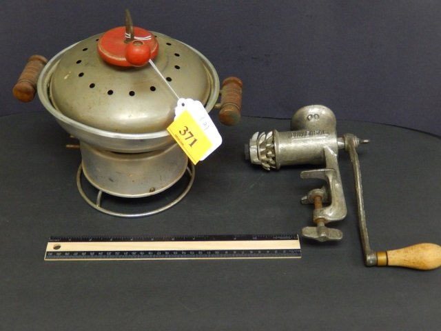 POPCORN MAKER AND MEAT GRINDER: ELECTRICAL PLUG NO CORD, POPCORN MAKER TOP WOOD HANDLE, MARKED K-M COMPANY,MEAT GRINDER MARKED UNIVERSAL 00