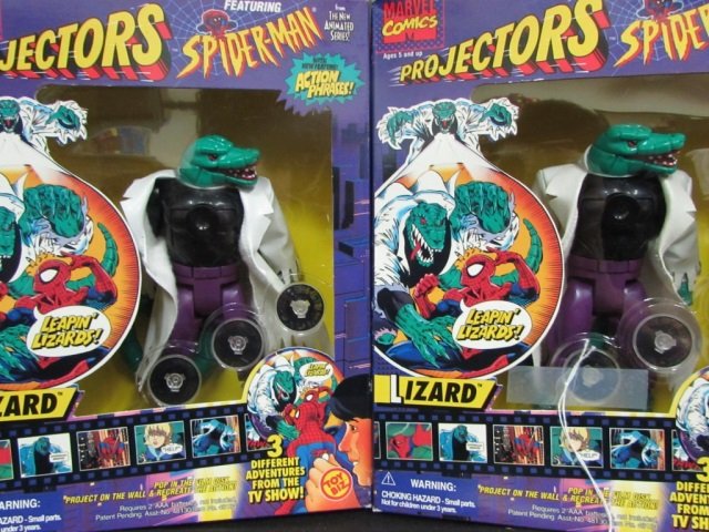 1995 SPIDER-MAN PROJECTORS (2): ORGINAL PACKAGING LIZARD CHARACTER POP IN FILM DISK PROJECT ON THE WALL & CREATE THE ACTION