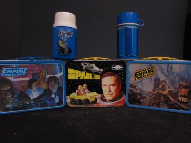3 VINTAGE LUNCH BOXES & THERMUS: 2 STAR WARS THE EMPIRE STRIKES BACK SPACE:1999