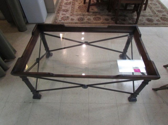GLASS, METAL AND WOOD COFFEE TABLE: 28" WIDE X 46" LONG X 20" HIGH BEVELED GLASS WITH 3" INSET
