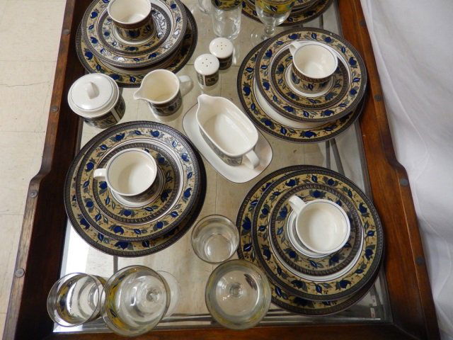 MIKASA INTAGLIO 6 PLACE SETTING W /EXTRA PCES: OVEN TO TABLE, DISHWASHER SAFE, MICROWAVE SAFE, PLACE SETTINGS INCLUDE PLATE,SALAD PLATE,BOWL,WATER GOBLET, WATER GLASS,COFFEE CUP/SAUCER, SALT/PEPPER, COVERED BUTTER,CREAM AND SUGAR, PLUS 2 EXTRA PLA
