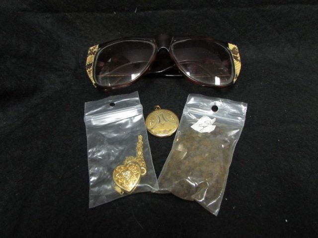 VINTAGE SUNGLASSES & NECKLACES: SNAKE SKIN PRINT ON SIDE OF SUNGLASSES ROSEARY & GOLD HEART NECKLACES