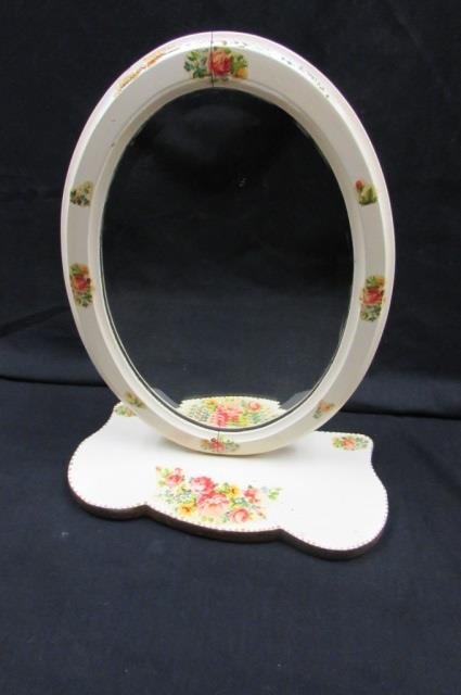 DRESSER TOP MIRROR WITH PAINTED: WOOD FRAME AND BASE, CREAM WITH FLOWERS