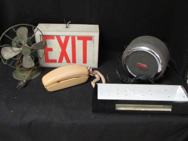 VINTAGE FAN,EXIT LIGHTS,PHONE SPEAKER: VINTAGE FAN VINTAGE EXIT LIGHT TELEPHONE SPEAKER LIGHT