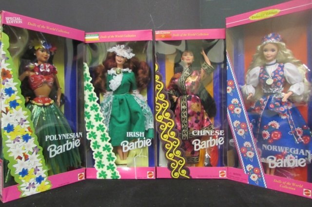BARBIES OF THE WORLD COLLECTION (4) ORIGINAL PACKAGING: ORIGINAL PACKAGING IRISH BARBIE-1994 POLYNESIAN BARBIE-1994 NORWEGIAN BARBIE-1995 CHINESE BARBIE-1993