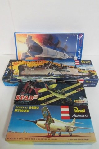 VINTAGE SPACE AND SHIP MODELS rEVELL DOUGLAS SKYROCKET,: rEVELL DOUGLAS SKYROCKET, 1994, REVELL USS PINE ISLAND SEAPLANE TENDER 1993, AURORA wwi SPAD XIII 1/4" SCALE 1957, SEALED IN PLASTIC GLENCOE MODELS JUPITER C 1/48 SCALE 1990