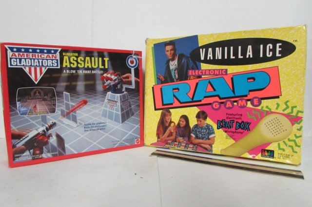 1991 BOARD GAMES, VANILLA ICE, GLADIATOR ASSULT: AMERICAN GLADIATORS ASSULT BLOW EM AWAY BATTLE GAME SEALED IN ORIGINAL PACKAGING, VANILLA ICE ELECTRONIC RAP GAME W BEAT BOX MICROPHONE OPEN BOX