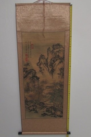 ORIENTAL SCROLL PAINTING HOUSE MOUNTAIN & RIVER 21x55: HOUSE MOUNTAIN & RIVER 21x55 INCHES