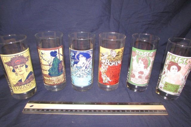 6 COLLECTABLE BEVERAGE GLASSES OPERA THEME: OPERA THEME